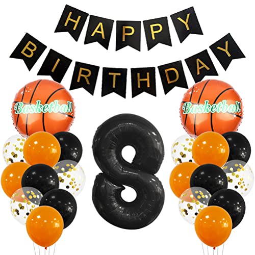 8 Jahr Kindergeburtstag Deko Set Happy Birthday Banner Großes Basketball Luftballon Dekorationen Zahl 8 FolienBallon Orange Schwarz Ballon für Kinder Basketball Themenfeier Party Geburtstagsdeko von MiaLover