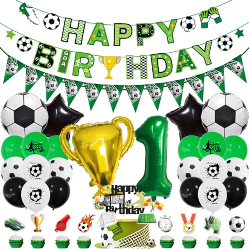 MiaLover 1 Jahr Geburtstag Dekoration Set Fussball Luftballon Latexballon Happy Birthday Banner Trophäe Folienballon Tortendekoration für 1.Geburtstag Fußball Themen Party Deko von MiaLover