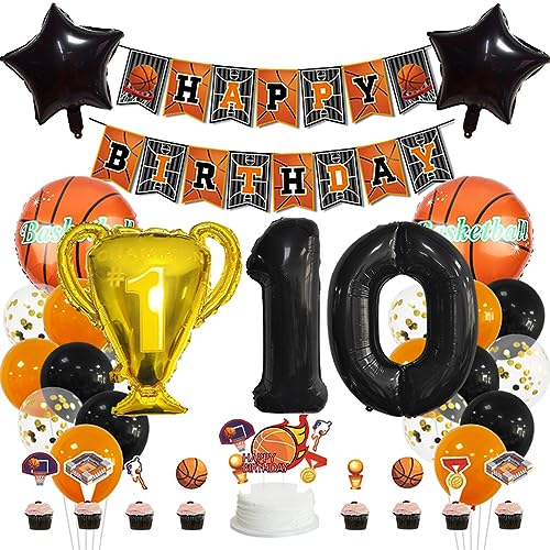 MiaLover 10 Jahr Geburtstag Dekoration Set Happy Birthday Banner Trophäe Folienballon Basketball Luftballon Latexballon Tortendekoration für 10.Geburtstag Basketball Themen Party Deko von MiaLover