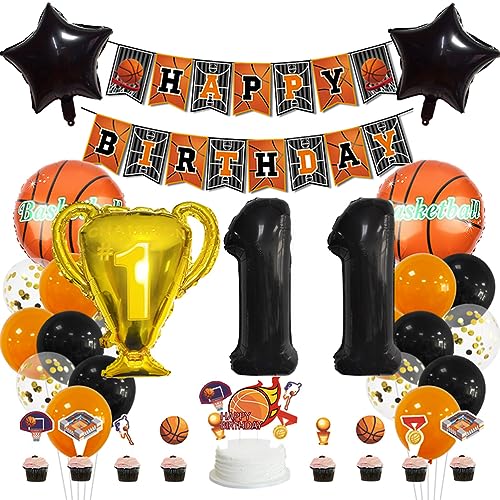 MiaLover 11 Jahr Geburtstag Dekoration Set Happy Birthday Banner Trophäe Folienballon Basketball Luftballon Latexballon Tortendekoration für 11.Geburtstag Basketball Themen Party Deko von MiaLover