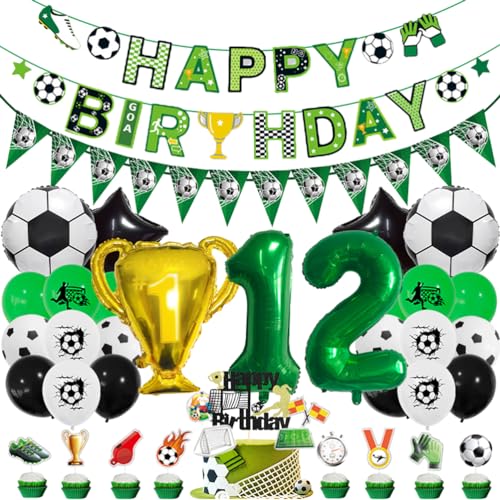 MiaLover 12 Jahr Geburtstag Dekoration Set Fussball Luftballon Latexballon Happy Birthday Banner Trophäe Folienballon Tortendekoration für 12.Geburtstag Fußball Themen Party Deko von MiaLover