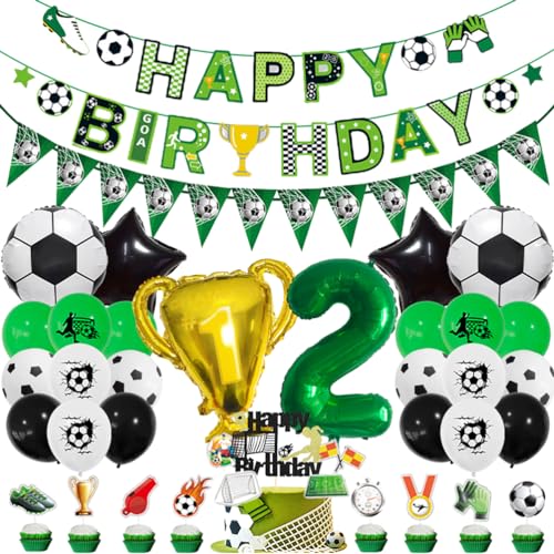 MiaLover 2 Jahr Geburtstag Dekoration Set Fussball Luftballon Latexballon Happy Birthday Banner Trophäe Folienballon Tortendekoration für 2.Geburtstag Fußball Themen Party Deko von MiaLover