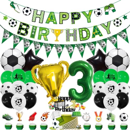 MiaLover 3 Jahr Geburtstag Dekoration Set Fussball Luftballon Latexballon Happy Birthday Banner Trophäe Folienballon Tortendekoration für 3.Geburtstag Fußball Themen Party Deko von MiaLover