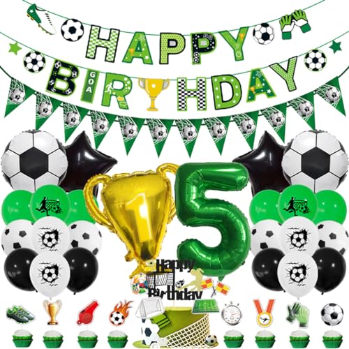 MiaLover 5 Jahr Geburtstag Dekoration Set Fussball Luftballon Latexballon Happy Birthday Banner Trophäe Folienballon Tortendekoration für 5.Geburtstag Fußball Themen Party Deko von MiaLover