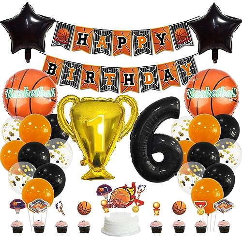 MiaLover 6 Jahr Geburtstag Dekoration Set Happy Birthday Banner Trophäe Folienballon Basketball Luftballon Latexballon Tortendekoration für 6.Geburtstag Basketball Themen Party Deko von MiaLover