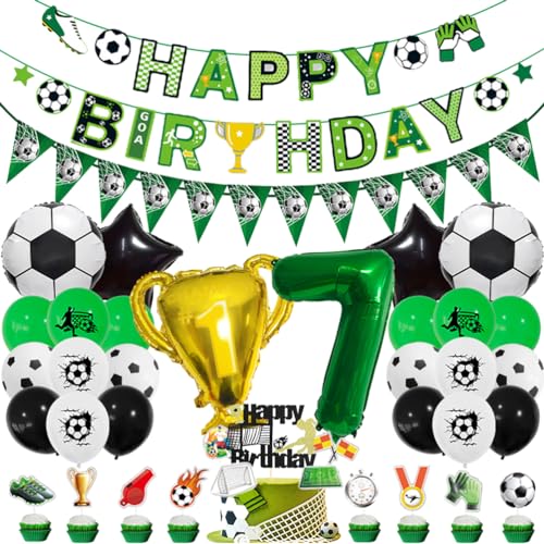 MiaLover 7 Jahr Geburtstag Dekoration Set Fussball Luftballon Latexballon Happy Birthday Banner Trophäe Folienballon Tortendekoration für 7.Geburtstag Fußball Themen Party Deko von MiaLover