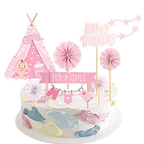 MiaLover 7 Stück Tortendeko Mädchen Babyparty Kuchen Topper Kuchendeko Baby Shower Rosa It's a Girl Kuchen Topper Zelt Windmühle Kuchen Zubehör Tortendekoration Baby Taufe von MiaLover