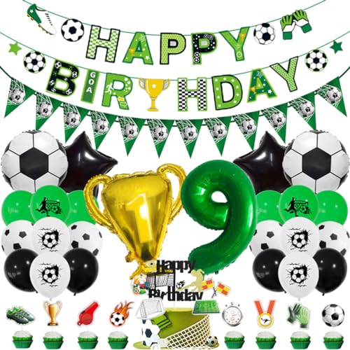 MiaLover 9 Jahr Geburtstag Dekoration Set Fussball Luftballon Latexballon Happy Birthday Banner Trophäe Folienballon Tortendekoration für 9.Geburtstag Fußball Themen Party Deko von MiaLover