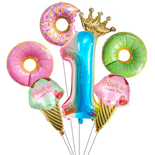 MiaLover Donut Geburtstag Dekoration Kit Donutfolie Ballons - 2x Eiscreme Folienballons +Zahl 1 Kronen-Zahlenballon+3x Donuts Aluminiumballons Kinder 1. Geburtstag Party Dekoration für Junge Mädchen von MiaLover