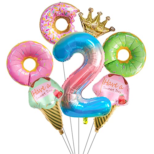 MiaLover Donut Geburtstag Dekoration Kit Donutfolie Ballons - 2x Eiscreme Folienballons +Zahl 2 Kronen-Zahlenballon+3x Donuts Aluminiumballons Kinder 2. Geburtstag Party Dekoration für Junge Mädchen von MiaLover