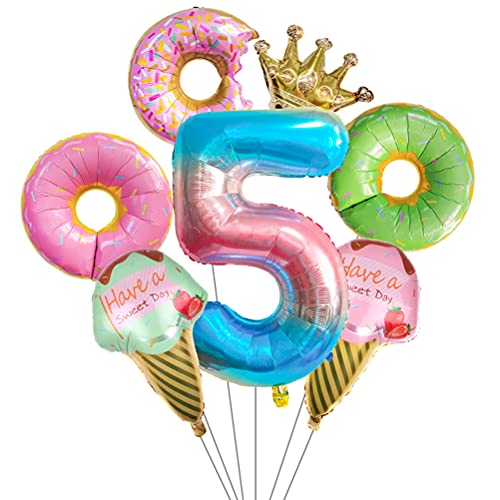 MiaLover Donut Geburtstag Dekoration Kit Donutfolie Ballons - 2x Eiscreme Folienballons +Zahl 5 Kronen-Zahlenballon+3x Donuts Aluminiumballons Kinder 5. Geburtstag Party Dekoration für Junge Mädchen von MiaLover