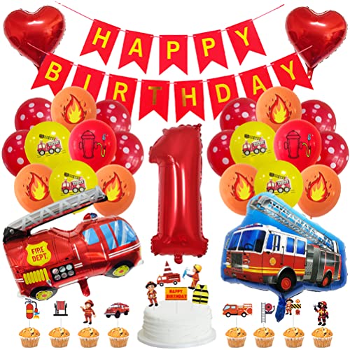 MiaLover Geburtstag Dekoration Set Happy Birthday Banner Folienballon 1.Geburtstag Luftballon Latexballon Feuerwehr Deko Cake Topper für Feuerwehrauto Themen Party Deko Birthday Decoration von MiaLover