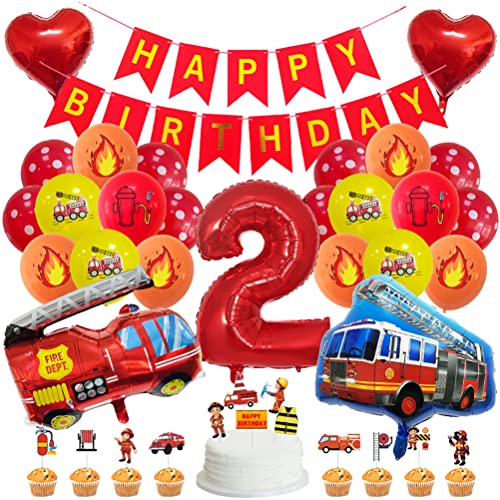 MiaLover Geburtstag Dekoration Set Happy Birthday Banner Folienballon 2.Geburtstag Luftballon Latexballon Feuerwehr Deko Cake Topper für Feuerwehrauto Themen Party Deko Birthday Decoration von MiaLover