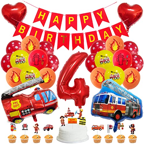 MiaLover Geburtstag Dekoration Set Happy Birthday Banner Folienballon 4.Geburtstag Luftballon Latexballon Feuerwehr Deko Cake Topper für Feuerwehrauto Themen Party Deko Birthday Decoration von MiaLover