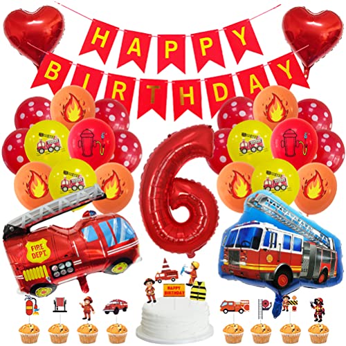 MiaLover Geburtstag Dekoration Set Happy Birthday Banner Folienballon 6.Geburtstag Luftballon Latexballon Feuerwehr Deko Cake Topper für Feuerwehrauto Themen Party Deko Birthday Decoration von MiaLover