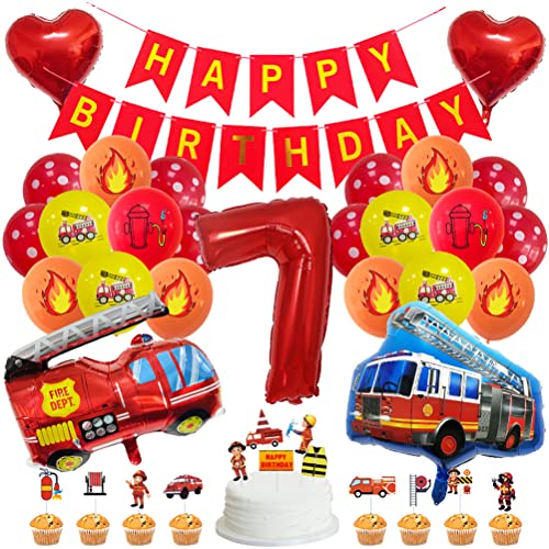 MiaLover Geburtstag Dekoration Set Happy Birthday Banner Folienballon 7.Geburtstag Luftballon Latexballon Feuerwehr Deko Cake Topper für Feuerwehrauto Themen Party Deko Birthday Decoration von MiaLover