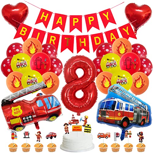 MiaLover Geburtstag Dekoration Set Happy Birthday Banner Folienballon 8.Geburtstag Luftballon Latexballon Feuerwehr Deko Cake Topper für Feuerwehrauto Themen Party Deko Birthday Decoration von MiaLover