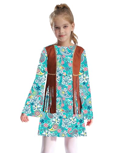 Miaeowve 2 Stück Hippie Kostüm Kinder Mädchen Set Langarm Disco Kleid Mit Fransen Quaste Western Weste 60er 70er Jahre Disco Party Outfit Grüne Blume 170 von Miaeowve