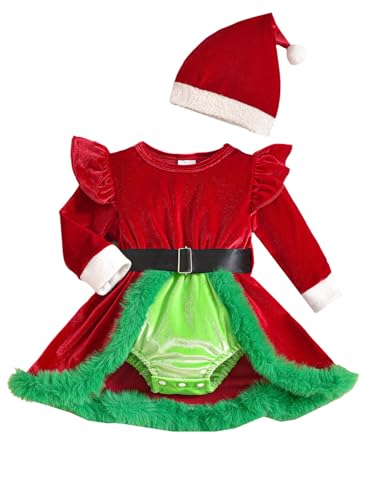 Miaeowve Baby Mädchen Weihnachtskostüm Langarm Strampler Kleid Rüschen Samtkleid Tutu Abendkleid Mit Weihnachtshut Outfits Grün 50-62 von Miaeowve