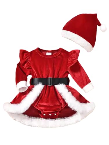 Miaeowve Baby Mädchen Weihnachtskostüm Langarm Strampler Kleid Rüschen Samtkleid Tutu Abendkleid Mit Weihnachtshut Outfits Rot 50-62 von Miaeowve