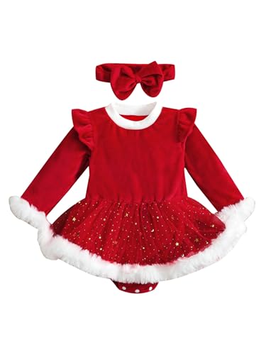 Miaeowve Baby Mädchen Weihnachtskostüm Langarm Strampler Kleid Samt Winterkleid Tutu Mit Mit Glitzer Sterne Tüllrock Haarband Weihnachtsoutfit Rot 62-68 von Miaeowve