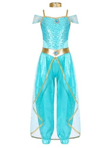 Miaeowve Bauchtanz Kostüm Kinder Mädchen Arabische Prinzessin Kostüm Pailletten Glitzer Overall Tüll Schicht Jumpsuit Für Fasching Karneval Mottoparty Hellblau 170 von Miaeowve