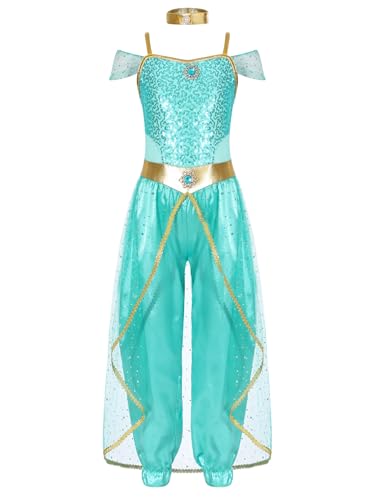 Miaeowve Bauchtanz Kostüm Kinder Mädchen Arabische Prinzessin Kostüm Pailletten Glitzer Overall Tüll Schicht Jumpsuit Für Fasching Karneval Mottoparty Hellgrün 146-152 von Miaeowve