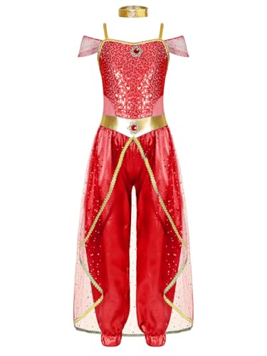 Miaeowve Bauchtanz Kostüm Kinder Mädchen Arabische Prinzessin Kostüm Pailletten Glitzer Overall Tüll Schicht Jumpsuit Für Fasching Karneval Mottoparty Rot 134-140 von Miaeowve