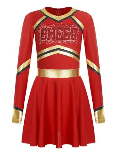 Miaeowve Cheer Leader Kostüm Kinder Mädchen Kleid Langarm Metalic Patchwork Tanzkleid A Linien Sportkleid Mit CHEER Print Tanzkleidung Rot 122-128 von Miaeowve