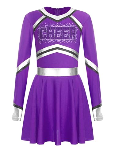 Miaeowve Cheer Leader Kostüm Kinder Mädchen Kleid Langarm Metalic Patchwork Tanzkleid A Linien Sportkleid Mit CHEER Print Tanzkleidung Violett 110-116 von Miaeowve