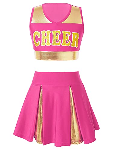 Miaeowve Cheer Leader Kostüm Kinder Mädchen Kleid Metallic Patchwork Crop Top Bauchfrei Oberteil High Waist Faltenrock A Linien Tanzrock 2tlg Dancewear Hot Pink 146-152 von Miaeowve