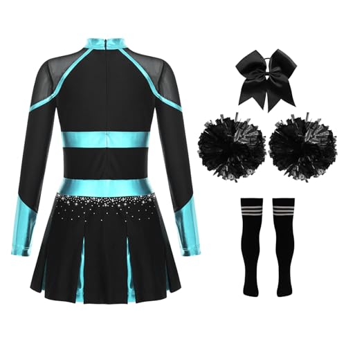 Miaeowve Cheer Leader Kostüm Kinder Mit Pompons Schleife Stirnband Strümpfe Mädchen 4tlg Cheerleading Outfit Für Fasching Karneval Mottoparty Blau Grün & Schwarz 134-140 von Miaeowve