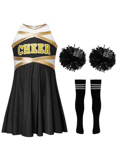 Miaeowve Cheer Leader Kostüm Mit Pompons Strümpfe 3tlg Tanzkleidung Metallic Patchwork Tanzkleid Ärmellos Faltenkleid A Linien Mit CHEER Print A Schwarz-Weiß 110-116 von Miaeowve