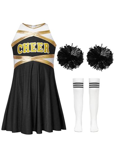 Miaeowve Cheer Leader Kostüm Mit Pompons Strümpfe 3tlg Tanzkleidung Metallic Patchwork Tanzkleid Ärmellos Faltenkleid A Linien Mit CHEER Print A Weiß&Schwarz 110-116 von Miaeowve