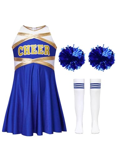 Miaeowve Cheer Leader Kostüm Mit Pompons Strümpfe 3tlg Tanzkleidung Metallic Patchwork Tanzkleid Ärmellos Faltenkleid A Linien Mit CHEER Print A blau 158-164 von Miaeowve