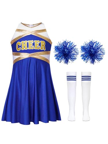 Miaeowve Cheer Leader Kostüm Mit Pompons Strümpfe 3tlg Tanzkleidung Metallic Patchwork Tanzkleid Ärmellos Faltenkleid A Linien Mit CHEER Print B Blau 122-128 von Miaeowve