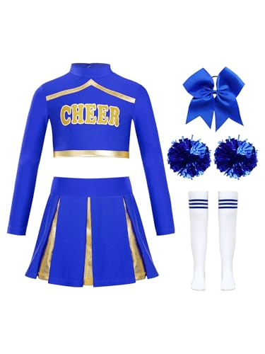 Miaeowve Cheer Leader Trainingskleidung Mädchen Kinder Tanz Outfit Langarm Kurz Shirt + Metallic Patchwork Rock + Haarband + Pompons + Strümpfe Dancewear A Blau 134-140 von Miaeowve