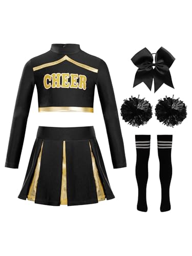 Miaeowve Cheer Leader Trainingskleidung Mädchen Kinder Tanz Outfit Langarm Kurz Shirt + Metallic Patchwork Rock + Haarband + Pompons + Strümpfe Dancewear A Schwarz-Weiß 134-140 von Miaeowve