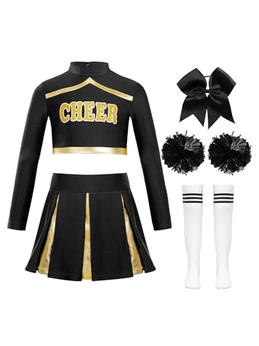 Miaeowve Cheer Leader Trainingskleidung Mädchen Kinder Tanz Outfit Langarm Kurz Shirt + Metallic Patchwork Rock + Haarband + Pompons + Strümpfe Dancewear A Weiß&Schwarz 110-116 von Miaeowve