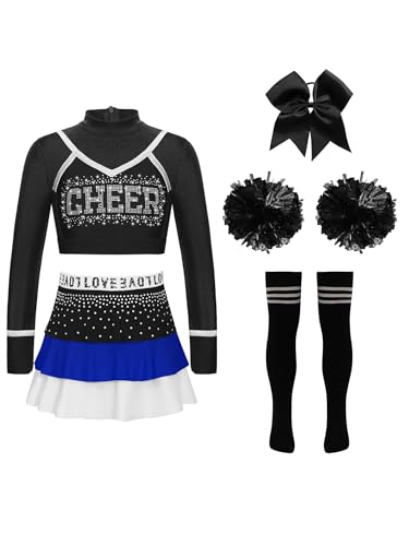 Miaeowve Cheerleaderin Kostüm Kinder Mädchen Tanzkleidung Langarm Tanz Top Bauchfrei Shirt Strass Glitzer Tanzrock Haarband Pompons Strümpfe Tanzkostüm Blau Schwarz 122-128 von Miaeowve