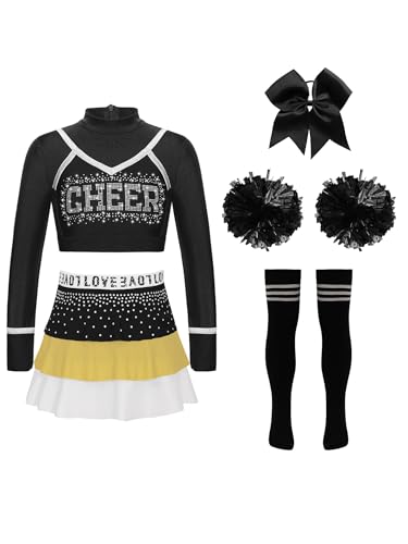 Miaeowve Cheerleaderin Kostüm Kinder Mädchen Tanzkleidung Langarm Tanz Top Bauchfrei Shirt Strass Glitzer Tanzrock Haarband Pompons Strümpfe Tanzkostüm Gelb Schwarz 122-128 von Miaeowve