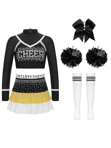 Miaeowve Cheerleaderin Kostüm Kinder Mädchen Tanzkleidung Langarm Tanz Top Bauchfrei Shirt Strass Glitzer Tanzrock Haarband Pompons Strümpfe Tanzkostüm Gelb weiss 134-140 von Miaeowve