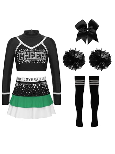 Miaeowve Cheerleaderin Kostüm Kinder Mädchen Tanzkleidung Langarm Tanz Top Bauchfrei Shirt Strass Glitzer Tanzrock Haarband Pompons Strümpfe Tanzkostüm Grün Schwarz 122-128 von Miaeowve