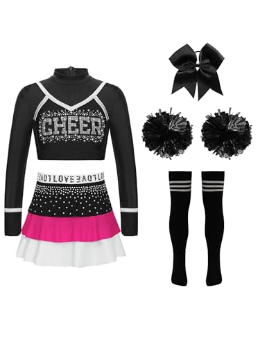 Miaeowve Cheerleaderin Kostüm Kinder Mädchen Tanzkleidung Langarm Tanz Top Bauchfrei Shirt Strass Glitzer Tanzrock Haarband Pompons Strümpfe Tanzkostüm Hot Pink & Schwarz 110-116 von Miaeowve