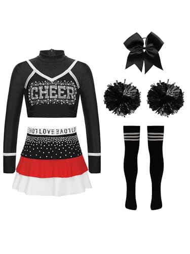 Miaeowve Cheerleaderin Kostüm Kinder Mädchen Tanzkleidung Langarm Tanz Top Bauchfrei Shirt Strass Glitzer Tanzrock Haarband Pompons Strümpfe Tanzkostüm Rot schwarz 122-128 von Miaeowve