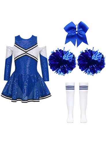 Miaeowve Cheerleadering Outfit Mädchen Cheer Leader Kostüm Kinder Pailletten Kleid Langarm Sportkleid Mit Haarband Strümpfe Pompons 4tlg Dancewear A Blau 170 von Miaeowve