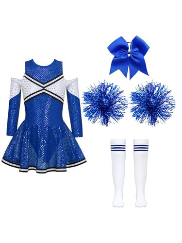 Miaeowve Cheerleadering Outfit Mädchen Cheer Leader Kostüm Kinder Pailletten Kleid Langarm Sportkleid Mit Haarband Strümpfe Pompons 4tlg Dancewear B Blau 134-140 von Miaeowve