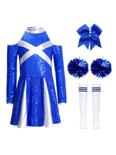 Miaeowve Cheerleadering Outfit Mädchen Cheer Leader Kostüm Kinder Pailletten Kleid Langarm Sportkleid Mit Haarband Strümpfe Pompons 4tlg Dancewear C Blau 158-164 Miaeowve Cheerleadering Outfit Mädchen Cheer Leader Kostüm Kinder Pailletten Kleid Langarm Sportkleid Mit Haarband Strümpfe Pompons 4tlg Dancewear C Blau 158-164 von Miaeowve