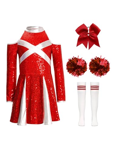 Miaeowve Cheerleadering Outfit Mädchen Cheer Leader Kostüm Kinder Pailletten Kleid Langarm Sportkleid Mit Haarband Strümpfe Pompons 4tlg Dancewear C Rot 146-152 Miaeowve Cheerleadering Outfit Mädchen Cheer Leader Kostüm Kinder Pailletten Kleid Langarm Sportkleid Mit Haarband Strümpfe Pompons 4tlg Dancewear C Rot 146-152 von Miaeowve