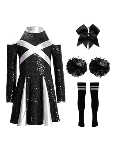 Miaeowve Cheerleadering Outfit Mädchen Cheer Leader Kostüm Kinder Pailletten Kleid Langarm Sportkleid Mit Haarband Strümpfe Pompons 4tlg Dancewear C Schwarz 134-140 Miaeowve Cheerleadering Outfit Mädchen Cheer Leader Kostüm Kinder Pailletten Kleid Langarm Sportkleid Mit Haarband Strümpfe Pompons 4tlg Dancewear C Schwarz 134-140 von Miaeowve